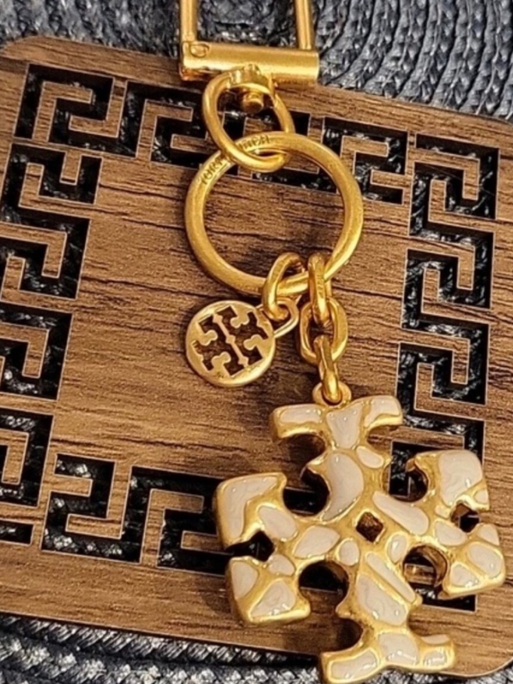 Tory Burch Gold-Tone Keychain with Cream Enamel Logo Charm